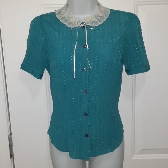1980 Lace Collar w/Bow * Teal Green * Short Sleeve Silky Blouse * Vintage * EUC - Picture 1 of 5